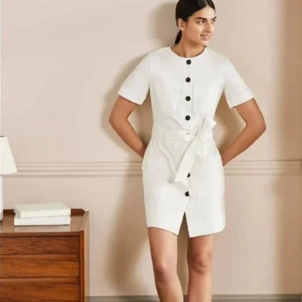 Boden Casual Stitch Detail‎ Button Down White Cotton Dress Size 2